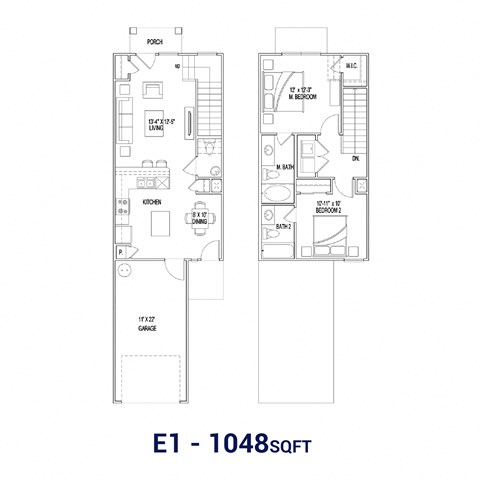 Floor plan for 2 beds, 2.5 baths, 1027 sqft